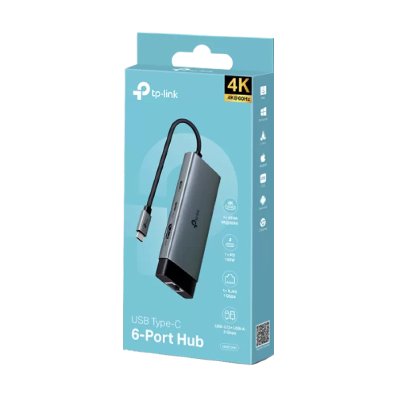 Hub USB-C 6-in-1, 1 x USB-C PD 100W, 1 x USB-C, 2 x USB-A, 1 x HDMI 4K@60Hz, 1 x RJ45 1G - TP-Link UH6120C - imagine 1
