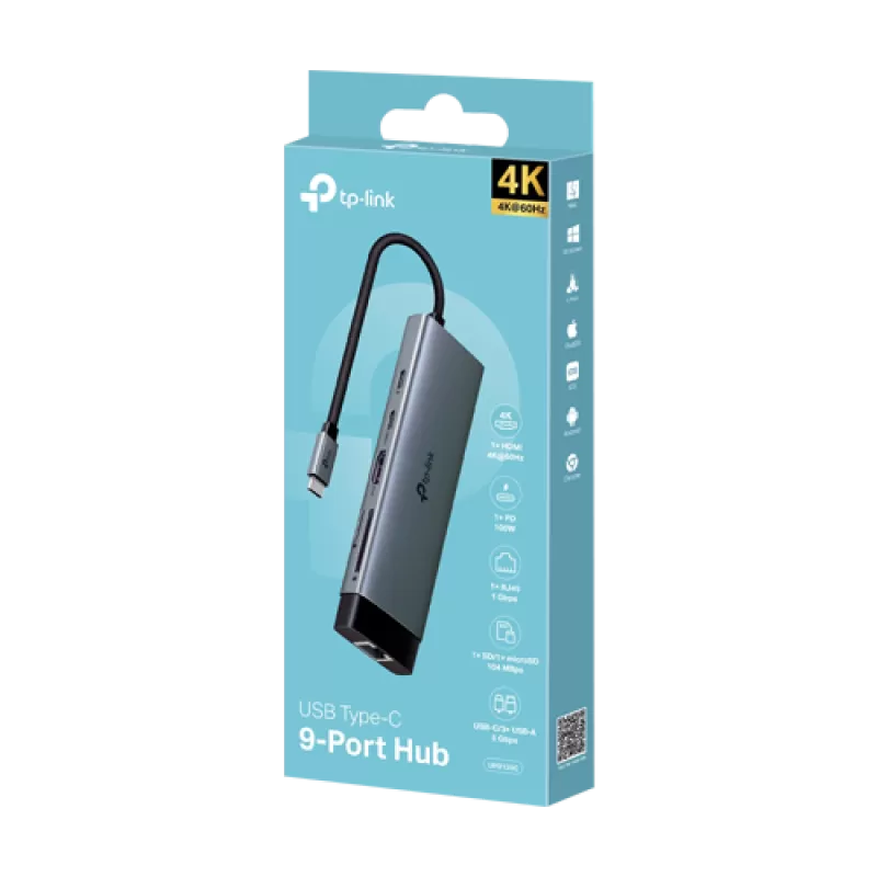 Hub USB-C 9-in-1, Power Delivery 100W, HDMI, Cititor carduri, Transfer date, RJ45 - TP-Link UH9120C - imagine 1