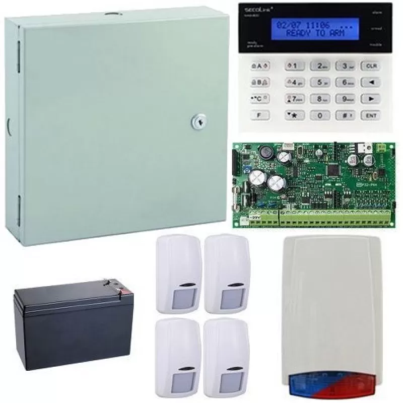 Kit antiefractie Secolink KIT-SEK-4, Centrala efractie 16 zone + tastatura + cutie + 4 detectori + sirena exterior + acumulator