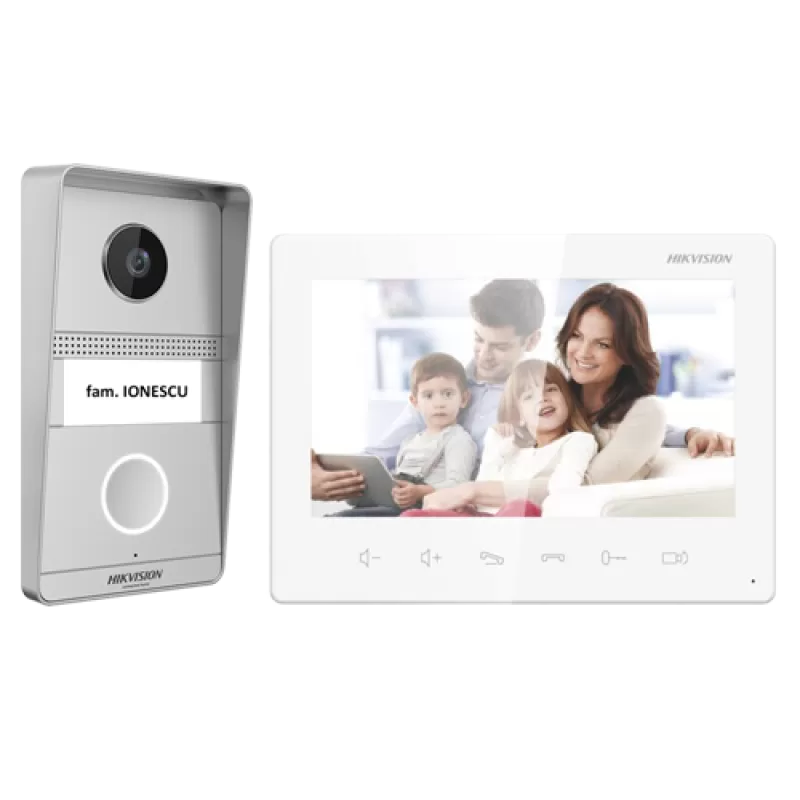 Kit videointerfon analogic 7inch, camera 2MP, conectare 2 fire - HIKVISION DS-KIS101-P(S)