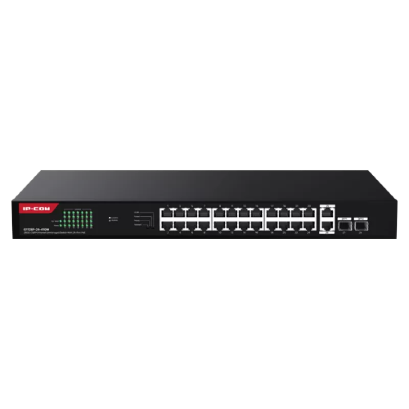 Switch 24 porturi Gigabit PoE, 2 x RJ45 Uplink Gigabit, 2 x SFP Gigabit, 1U - IP-COM G1128P-24-410W