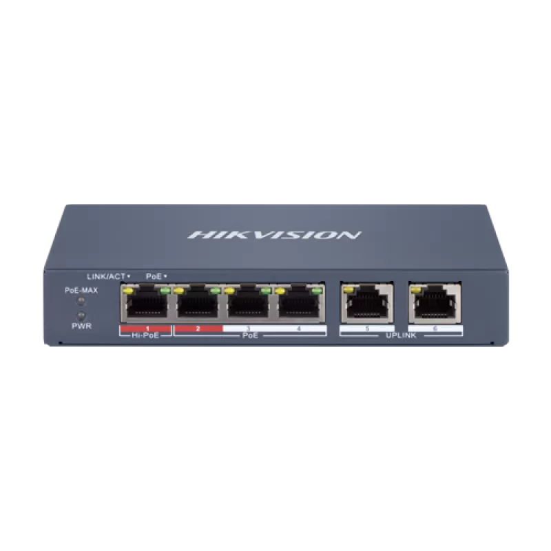 Switch 4 x RJ45 100 Mbps PoE at/af/bt, 2 x RJ45 100 Mbps Uplink, Management - HIKVISION DS-3E1106HP-EI
