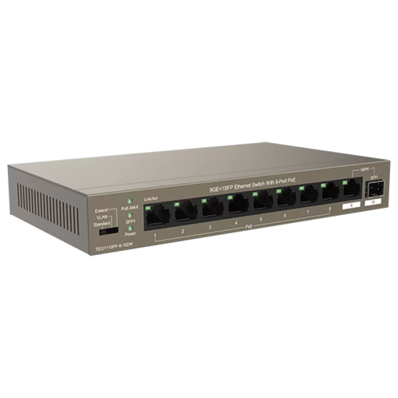 Switch 8 porturi Gigabit PoE, 1 port Uplink Gigabit, 1 port SFP Uplink Gigabit - Tenda TND-TEG1110PF-8-102W - imagine 1