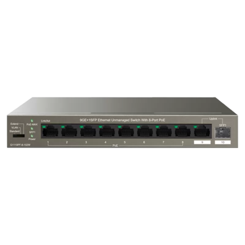Switch 8 porturi Gigabit PoE, 1 x RJ45 Gigabit Uplink, 1 x SFP Gigabit Uplink - IP-COM G1110PF-8-102W