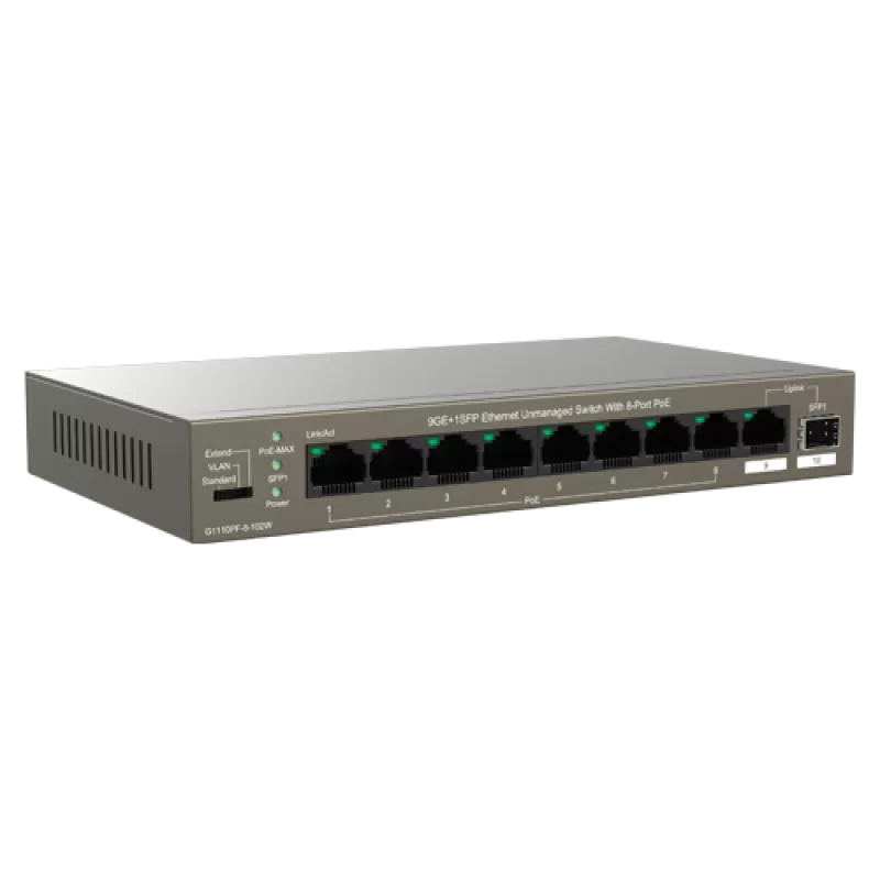 Switch 8 porturi Gigabit PoE, 1 x RJ45 Gigabit Uplink, 1 x SFP Gigabit Uplink - IP-COM G1110PF-8-102W - imagine 1