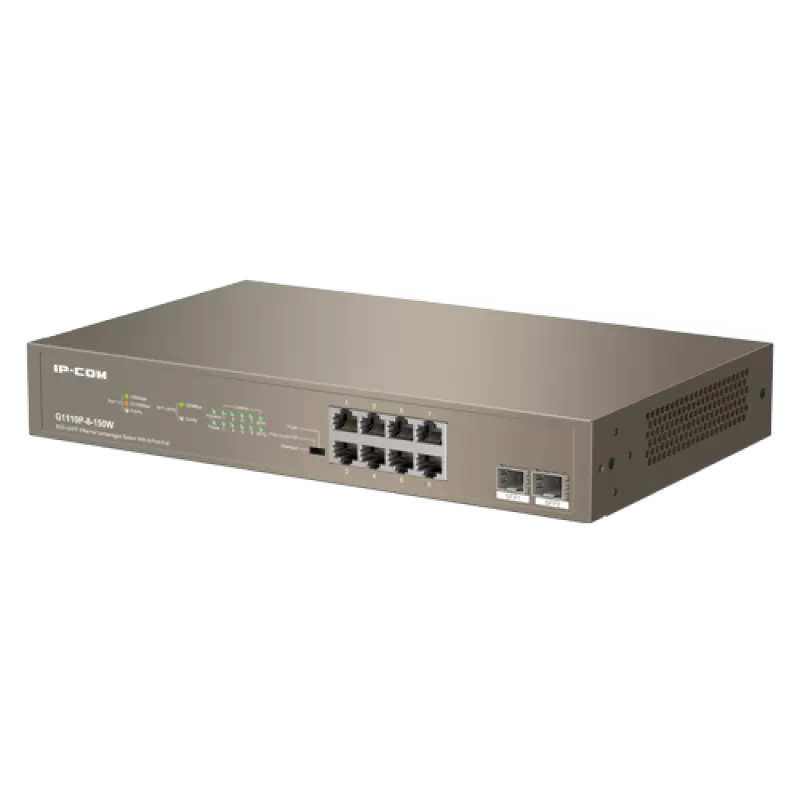 Switch 8 porturi PoE+ Gigabit, 2 porturi SFP Gigabit, 130W, 1U - IP-COM G1110P-8-150W