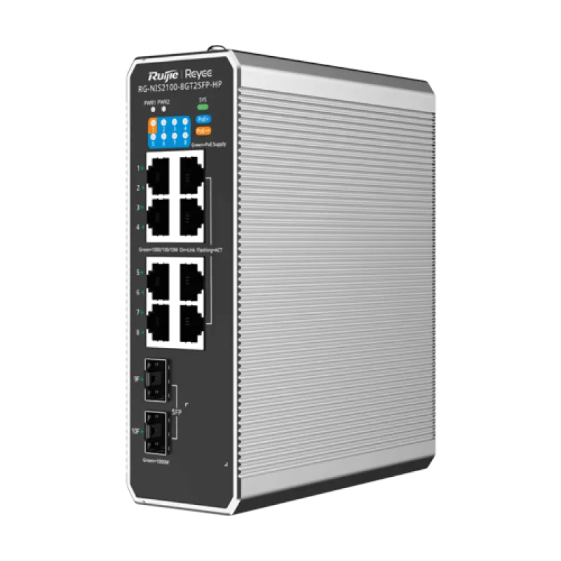 Switch industrial 7 x RJ45 1G PoE+, 1 x RJ45 1G Hi-PoE, 2 x SFP 1G, Cloud Management - Ruijie Reyee RG-NIS2100-8GT2SFP-HP