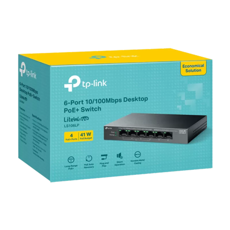 Switch LiteWave, 4 x RJ45 10/100 Mbps PoE, 2 x RJ45 10/100 Mbps, Buget PoE 41W, Unmanaged - TP-Link LS106LP - imagine 2