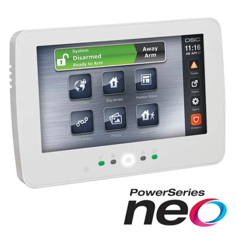 Tastatura touch screen color 7', 128 zone, cititor proximitate, alb, EN/RO, SERIA NEO - DSC HS2TCHPEE1